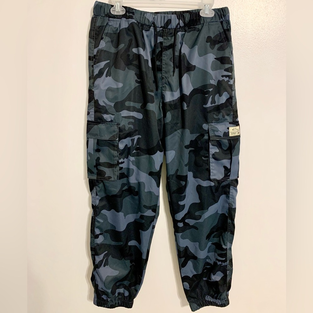 Camo Cargo Pants blue gray black pockets loose fit elastic waistband camouflage